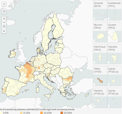 Share of monitoring points in groundwater and surface water with nitrate concentrations >= 50 mg/l in the reporting period 2020-2023 [map]
